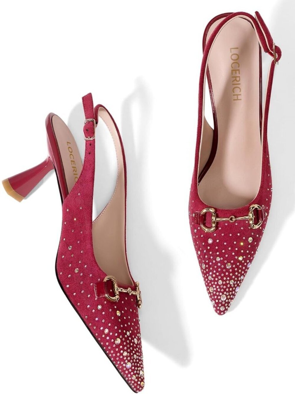 Women's Red Slingback Low Heel Closed Pointed Toe Pumps Sparkly Shoes
